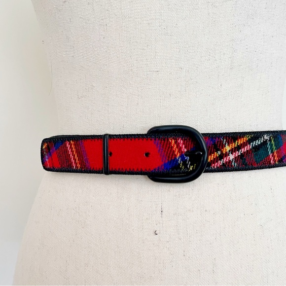 SOLD :: Vintage 80s Wool and Leather Plaid Belt - Picture 4 of 9